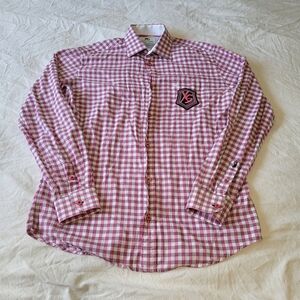 Moods of Norway Classic Fit Shirt Large Zakuro Cherry Patch Pink Gray Plaid